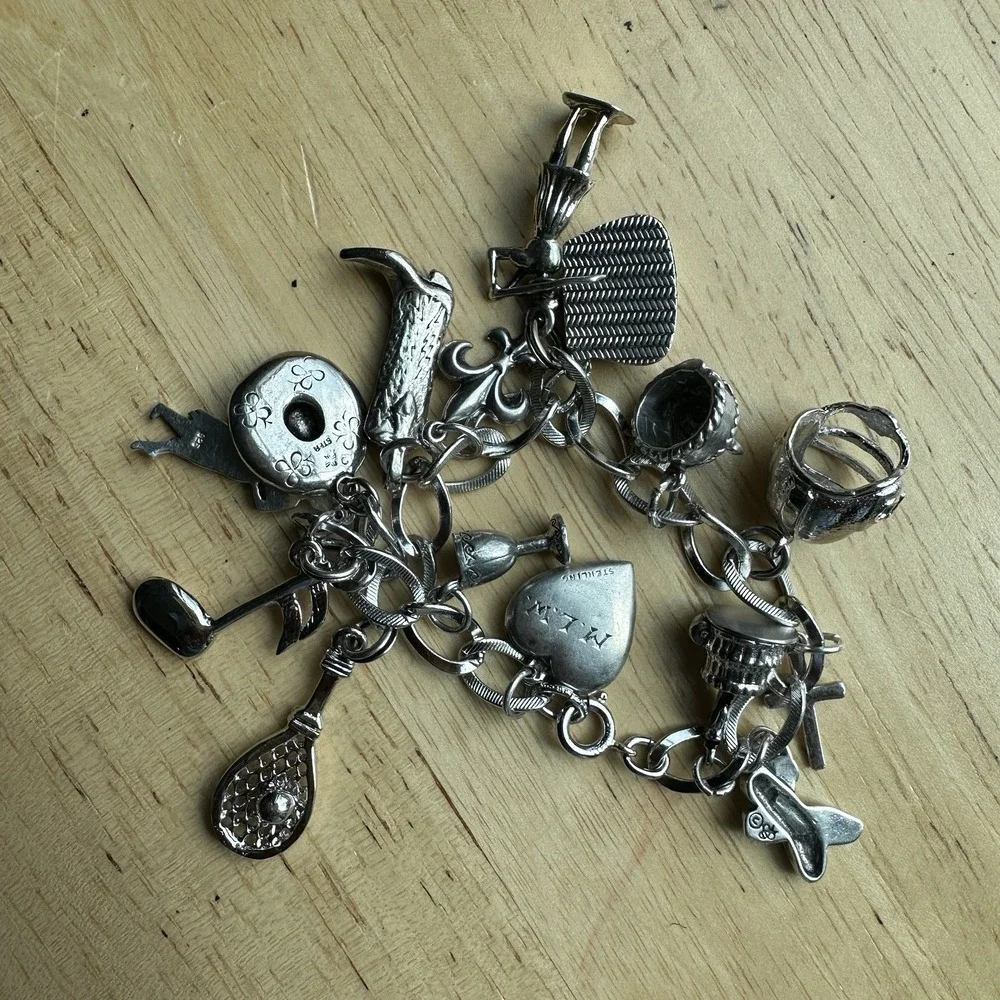 VTG Charm‎ Bracelet 6.5 Inch Sport Western Cross Heart Travel 925 Sterling 37.6g